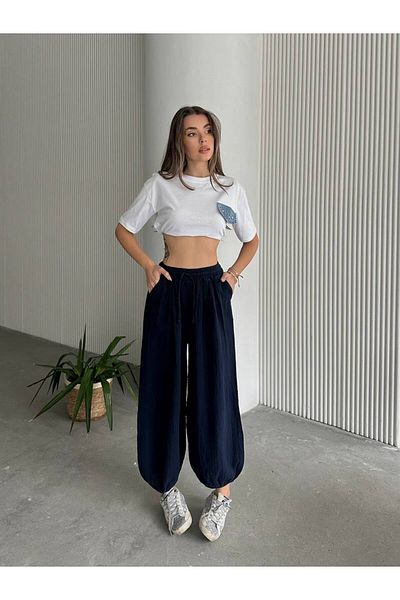 Bak'ap Muslin Fabric Elastic Leg Summer Loose Trousers with Elastic Waist