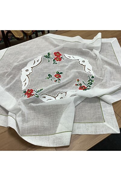 OYA home Beyaz İşli & Kaneviçeli Kare Örtü - 100*100 cm