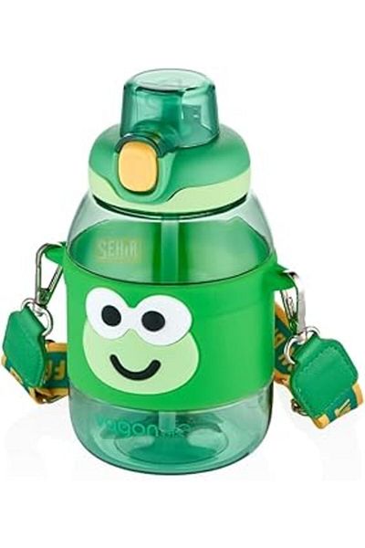 Mu Art Ahşap Vagonlife 600ml Cute Animals Silicone Polycarbonate Children's Water Bottle with Straw Case and Strap (Y