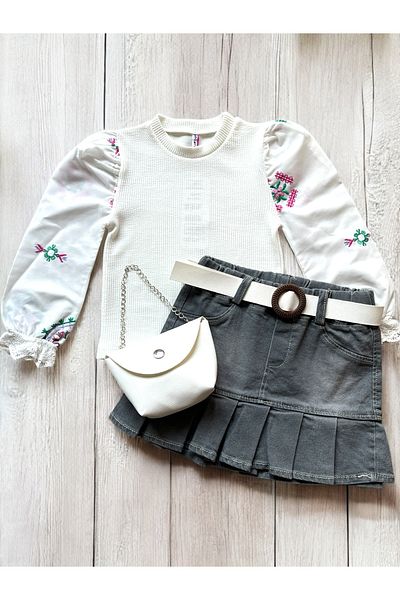 Bellarose Embroidered Blouse and Pleated Denim Skirt 4-Piece Girl's Suit