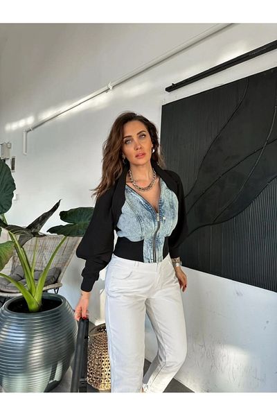 QİMYA BUTİK Klein Women's Front Jean Sleeves & Back Knitted Sports Coat