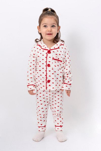 UmBaby Heart Patterned 100% Cotton Pajama Set for Baby Girl - Buttoned Front, Heart Nightgown Set
