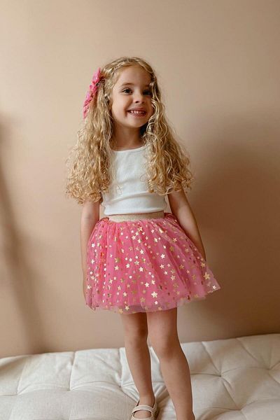 Le Mabelle Pink Star Printed Girl's Tulle Skirt - Pauline