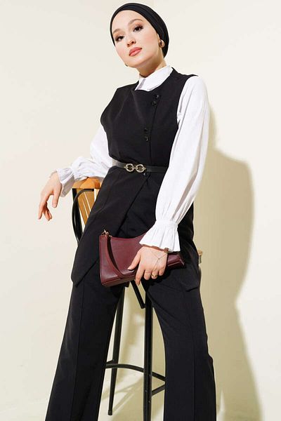 VOLT CLOTHİNG Damen Cross Mini geknöpfte Weste mit Gürtel Doppeltes Set