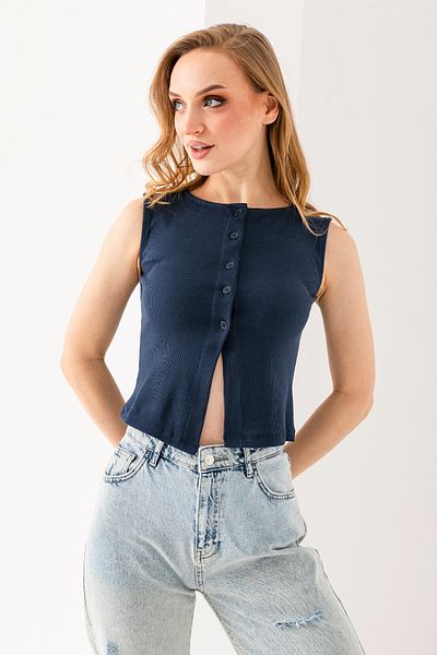 GİYSA Women's Crew Neck Buttoned Ribbed Body Navy Blue - 25Y 2457