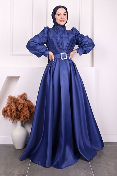 İmajButik Βραδινό φόρεμα Saks Blue Balloon Sleeve Draped