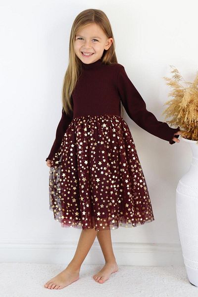Le Mabelle Claret Red Star Printed Tulle Skirt Girls' Dress - Karen