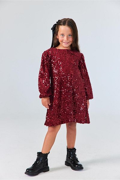 Le Mabelle Burgundy Sequined Velvet Girls' Dress - Oriel