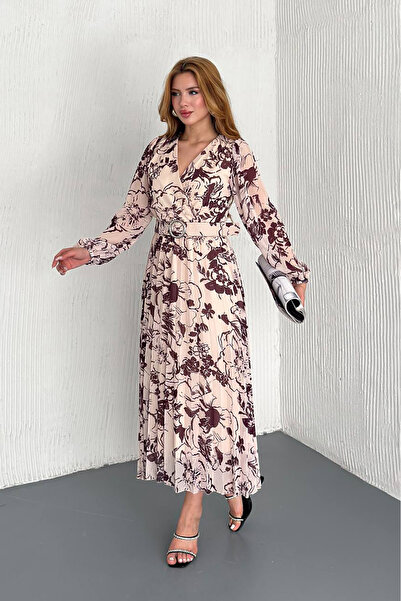 Neşeli Butik فستان شيفون ميدي بحزام للنساء NBK2030