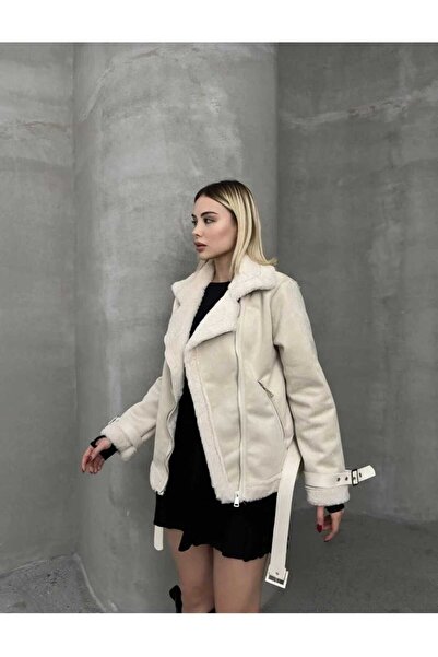 MODA DURAĞI Νέα σεζόν Γυναικεία Premium Ζώνη με Καπιτονέ Λεπτομέρεια Zr Δερμάτινο Suede Παλτό