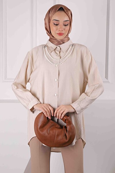 İmajButik قميص قلادة اللؤلؤ البيج