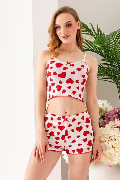 GİYSA Women's Heart Patterned Athlete Shorts Pajamas Set White - 25Y 10041