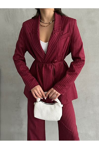 MD trend Women's Striped Blazer Jacket and Palazzo Pants Double Lace up Set