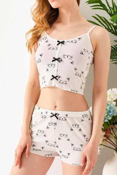 GİYSA Set pijamale cu model pisici de damă alb |   25A 10041