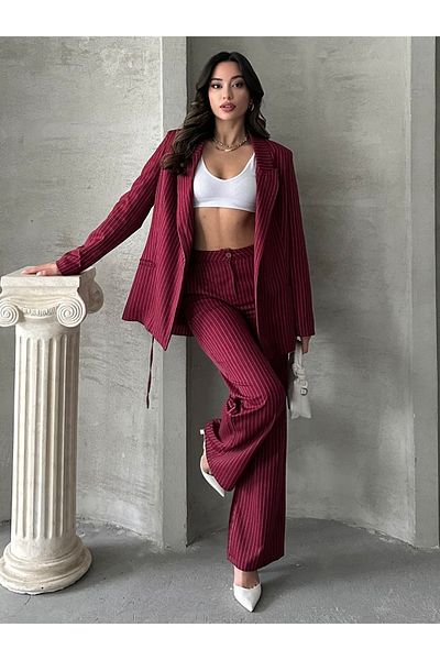 MD trend Women's Striped Blazer Jacket and Palazzo Pants Double Lace up Set