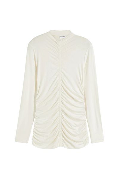 MAMAYAGA Women's Stand Collar Front Gathered Long Sleeve Casual Viscose Sports Stylish Plus Size Curve Blouse