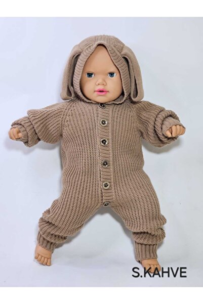 Meriç bebe Kapüşonlu Tavşan Kulaklı ve Düğme Detaylı Selanik Örgü Bebek Triko...