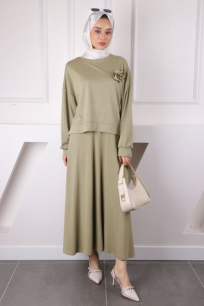 İmajButik Σετ Modal Sweat Φούστα με Αξεσουάρ Χακί Τριαντάφυλλο