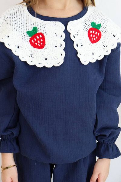 Kuzeyi Butik Girl's Festive Muslin Fabric Strawberry Collar Detailed Top and Bottom Set