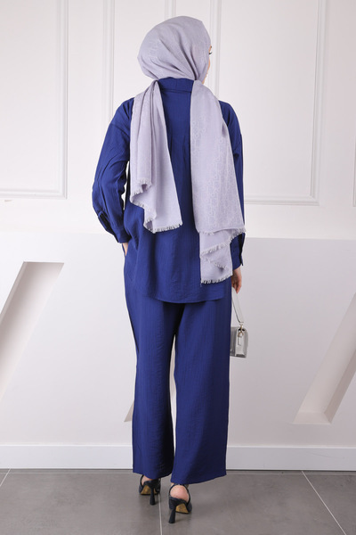 İmajButik Navy Blue Elastic Waist Shirt Pants Suit