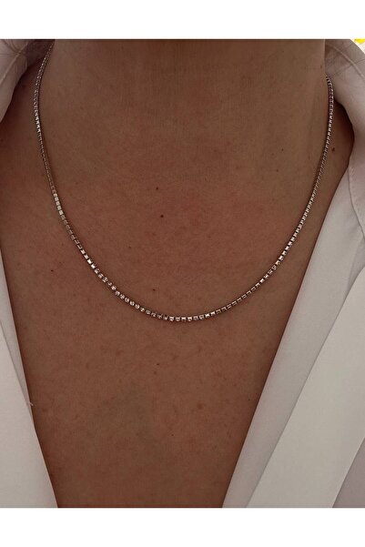 Esmeray Aksesuar Paslanmaz Çelik Gümüş Renk Kristal Taşlı Su Yolu Kolye Uzunl...