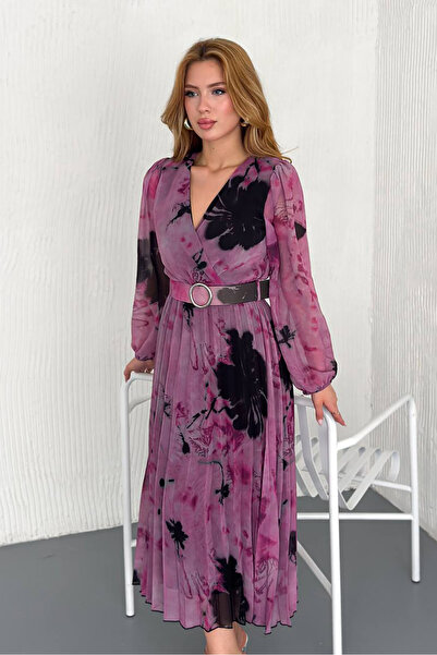 Neşeli Butik dámské šifonové šaty s dvouřadým výstřihem na pásku NBK20302