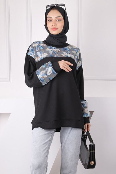 İmajButik Μαύρο τούλι με λουλούδια γαρνιρισμένο Modal Sweat