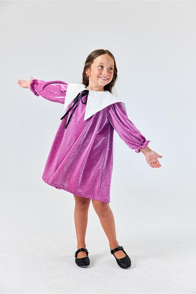 Le Mabelle Fuchsia Long Sleeve Collar Detailed Glitter Girl's Dress - Maya