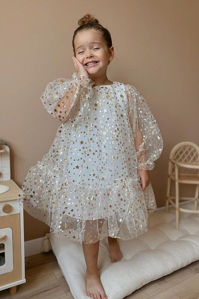 Le Mabelle Star Printed Ecru Girl's Dress - Daria with Balloon Sleeves