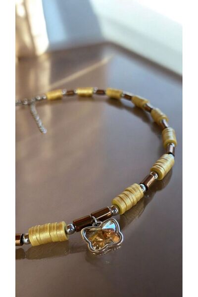 Bensei Takı Dükkanı BENSEİ Parlak Kil Fimo ve Hematit Boncuklu, Gradyan Cam Kelebek Aksesuarlı , Çelik Zincir Kolye