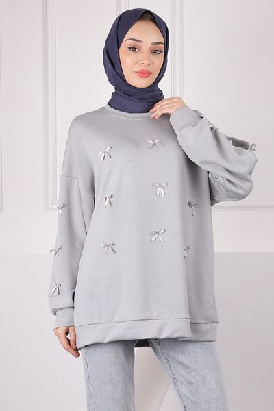 İmajButik Γκρι κορδέλα Λεπτομερής Modal Sweat