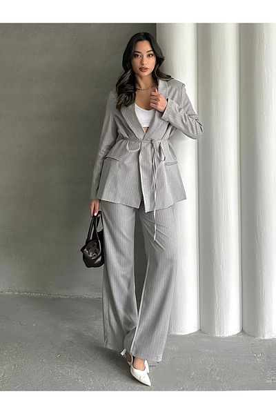 MD trend Women's Striped Blazer Jacket and Palazzo Pants Double Lace up Set