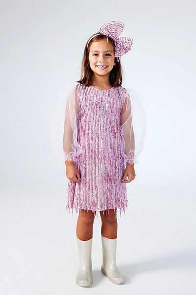 Le Mabelle Emery Girls Dress - Ροζ παγιέτες και λεπτομέρεια με κρόσσια
