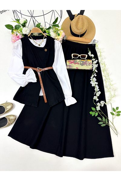 YEDİLALE Denim Vest Skirt Double Set [Belt Included, Except Shirt]
