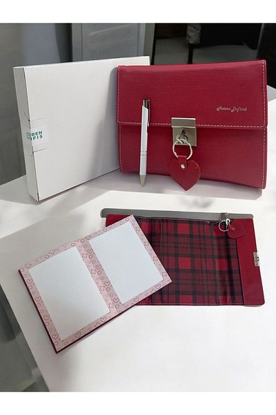 Eren Ofis Leather Daily Diary Notebook Keychain with Bag and Key Lock, Gift Set with Ballpoint Pen Box