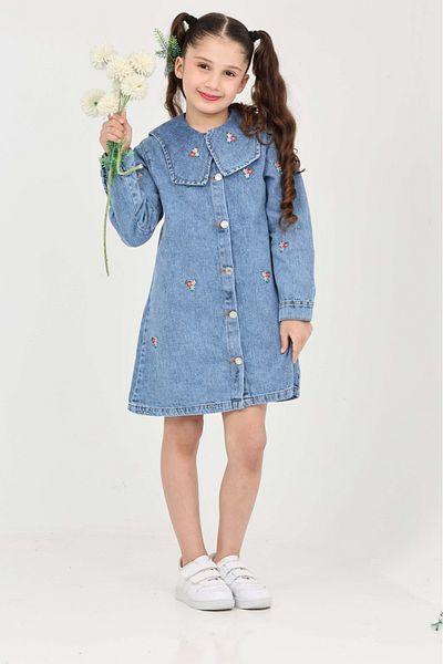yns coolstar rochie din denim din bumbac cu guler brodat cu flori pentru fetiță