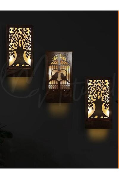 10kdekor 3 Lü Set L Peri Ledli Masif Ahşap Tablo Ev Hediyesi Hol Antre Gece L...