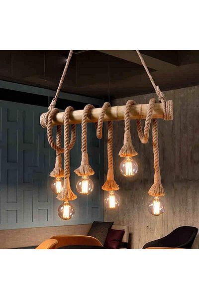 A F N LIGHTING Vintage Bamboo Rope Chandelier 6 Heads Thick Hemp Rope Industrial Ceiling Pendant Light