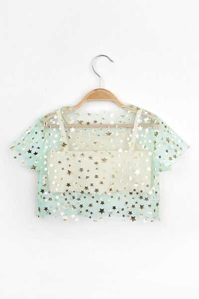 Le Mabelle Mint Star Printed Girl's Tulle Crop