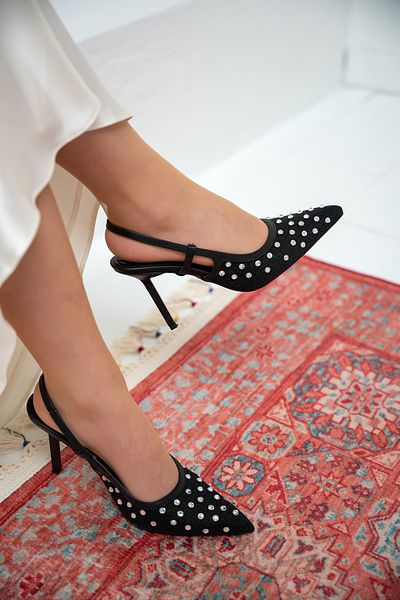 LamintaGlobal Sensu Black Mesh Stone Embroidered Women's Heeled Shoes