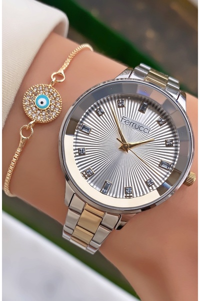 Ferrucci Marka Sarı Gümüş Renk Çelik Kordon 2 Yıl Garantili Kadın Kol Saati - Bileklik