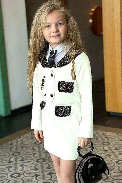 Riccotarz Girl's New Guipure Embroidered White Skirt Suit with Pocket Detail and Brooch