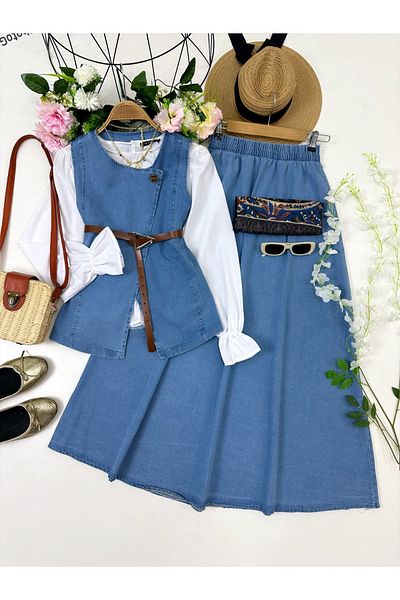 YEDİLALE Denim Vest Skirt Double Set [Belt Included, Except Shirt]