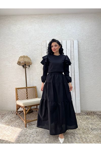 KÜÇÜĞÜM BUTİK Fusta stratificată din popelin negru