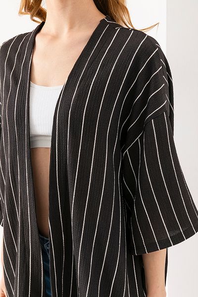 GİYSA Women's Half Sleeve Striped Wrap Kimono Anthracite - 254406