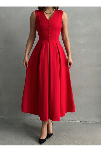 BEJNA Rotes, ärmelloses Damenkleid mit V-Ausschnitt und Knopfleiste