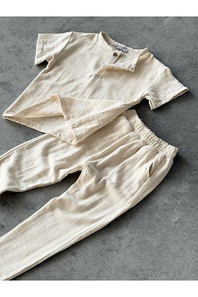 KAPROLLI Cotton Linen Fabric Girls Boys Children's Bottom Top Set Oversize Comfortable Fit