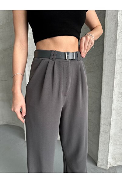 modazoom Жіночі брюки з поясом, антрацитові, з високою талією, фасон палаццо