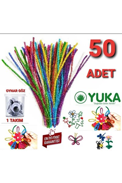 Yuka Metalik Simli Şönil Renkli 30 Cm 50'li 1 Paket Tüylü Tel Oynar Göz 1 Takım