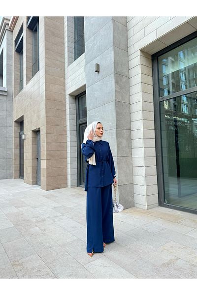 JaMolls detaliu de legare cu brâu hijab cămașă tunică lungă, pantaloni palazzo set casual elegant din două piese
